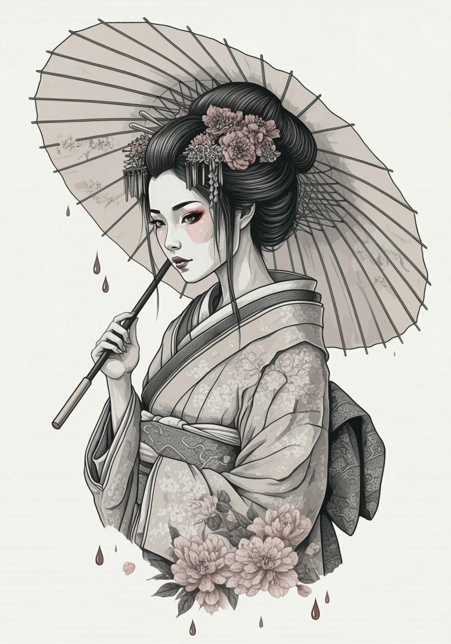 Monochrome Japanese Woman with Wagasa Umbrella