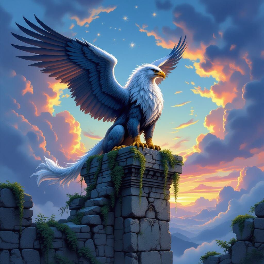 Majestic Griffin on Ancient Ruin in Twilight Sky
