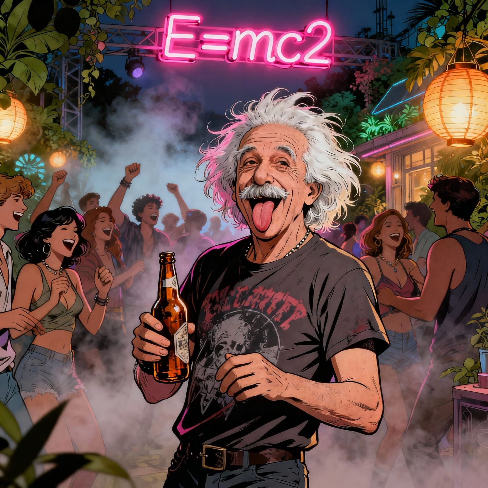 Glam Rock Einstein With Beer At Concert
