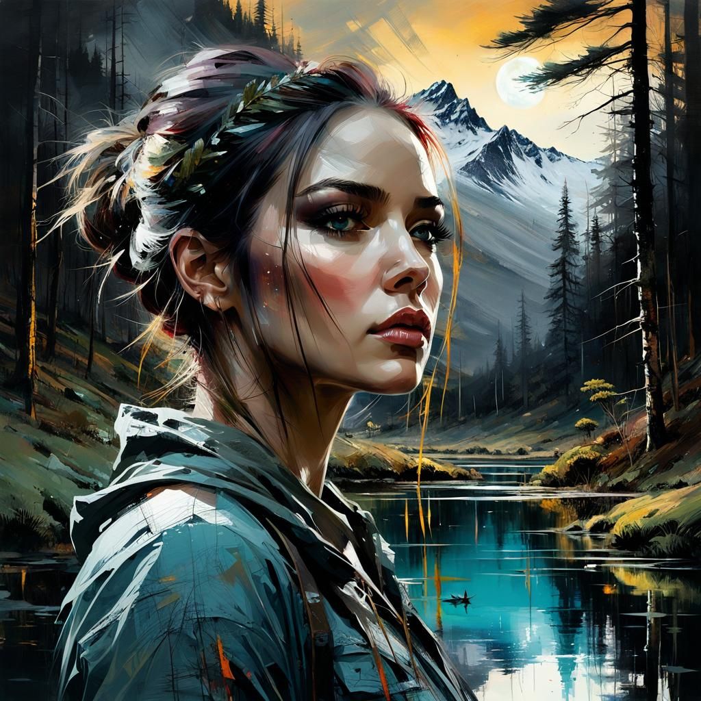 Girl in Forest at Night: Detailed Matte Painting
