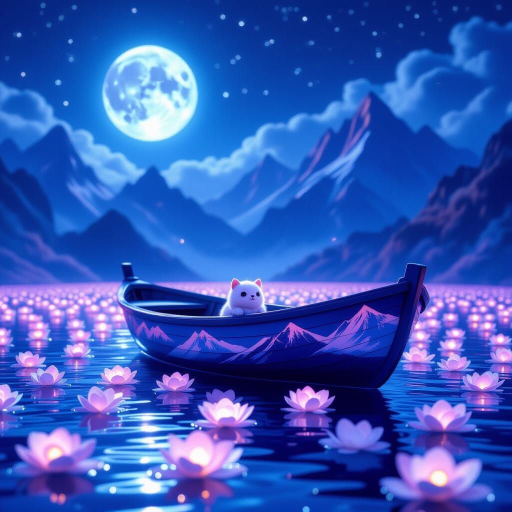 Surreal Mountain Boat on Star Flower Sea