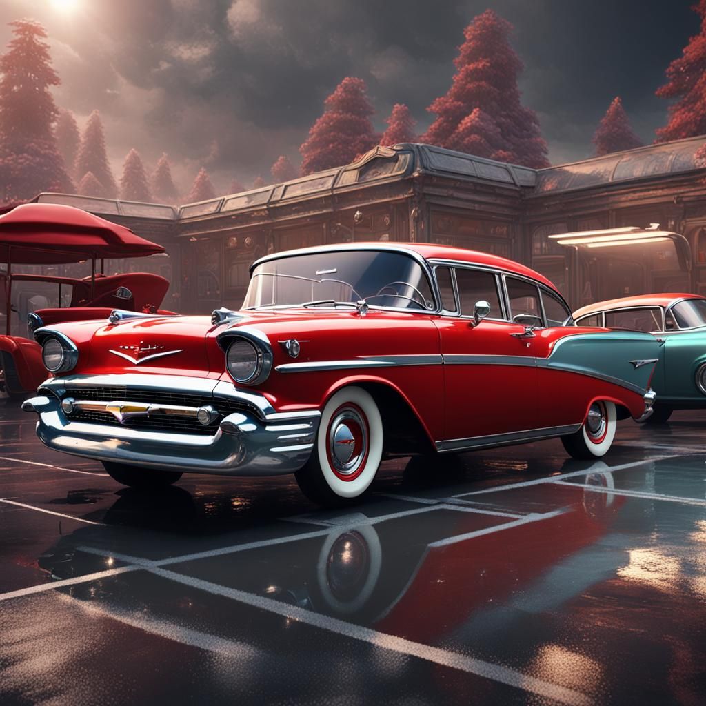 Red Chevy and Tesla Cars Matte Painting