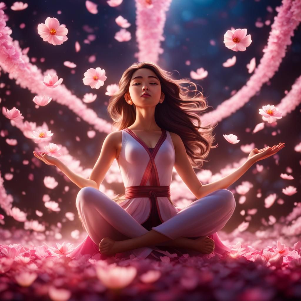 Beautiful girl flying in lotus pose, infinity sign behind her, sakura petals flying around, epic, cinematic, volumetric ...