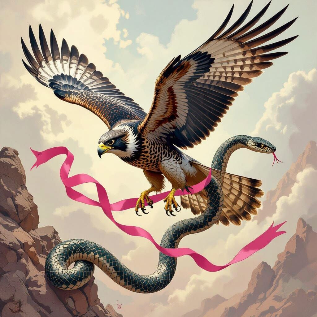 Falcon's Dramatic Dive With Snake and Ribbon
