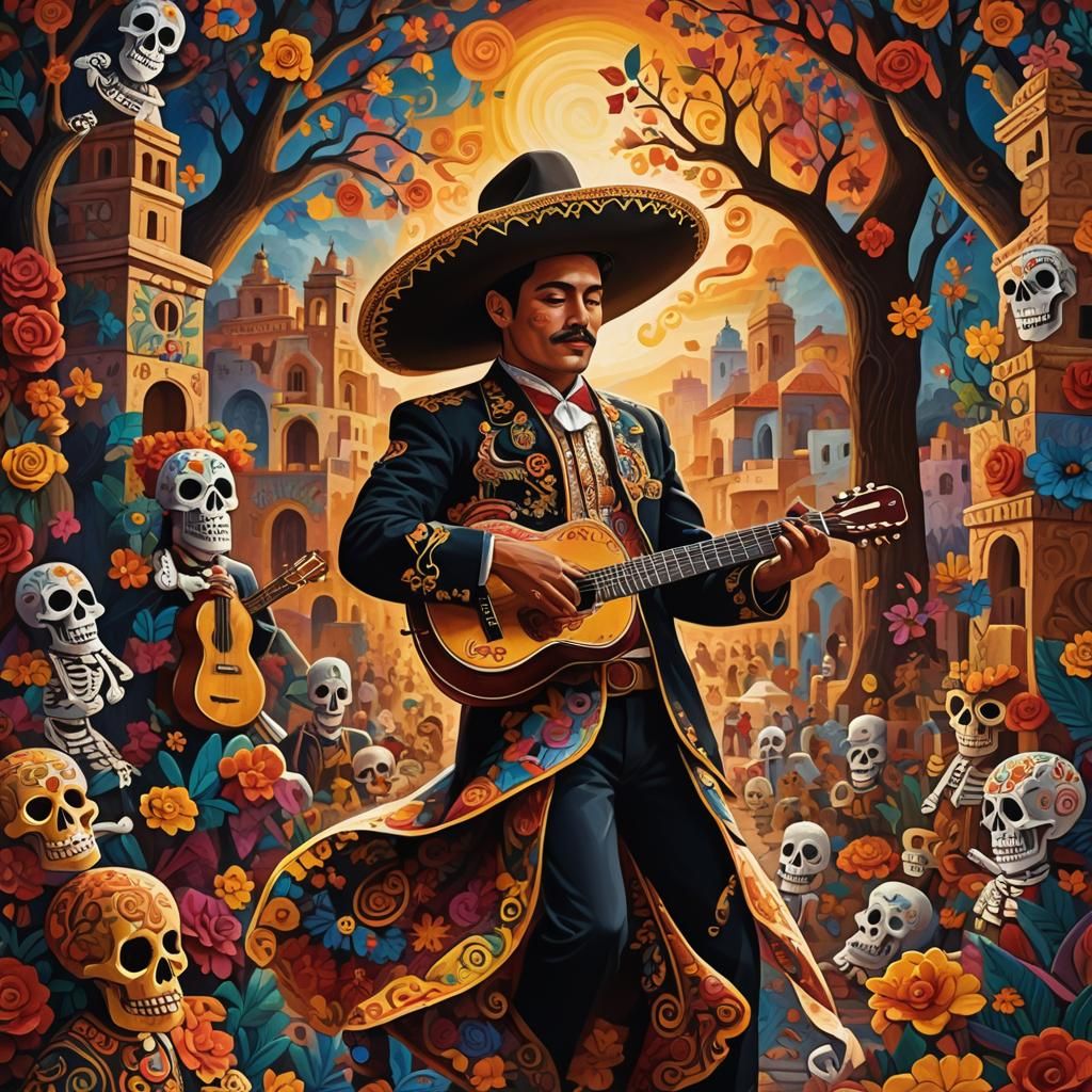 Day of the Dead Mariachi in Mexican Folk Art Style