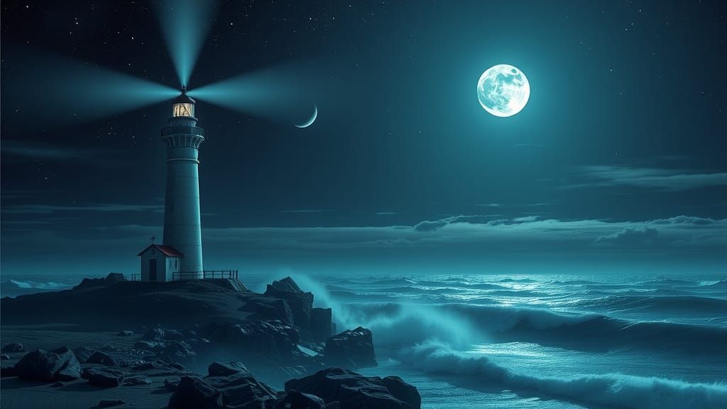 Lighthouse Shines in Moonlit Night Sky