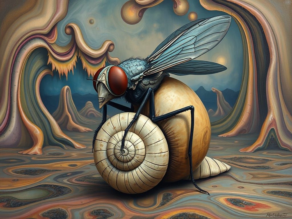 Surreal Fly-Snail Hybrid in Melting, Dreamlike Landscape
