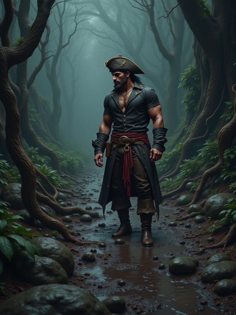 Pirate Embarks on Treacherous Path in Dark Fantasy Art