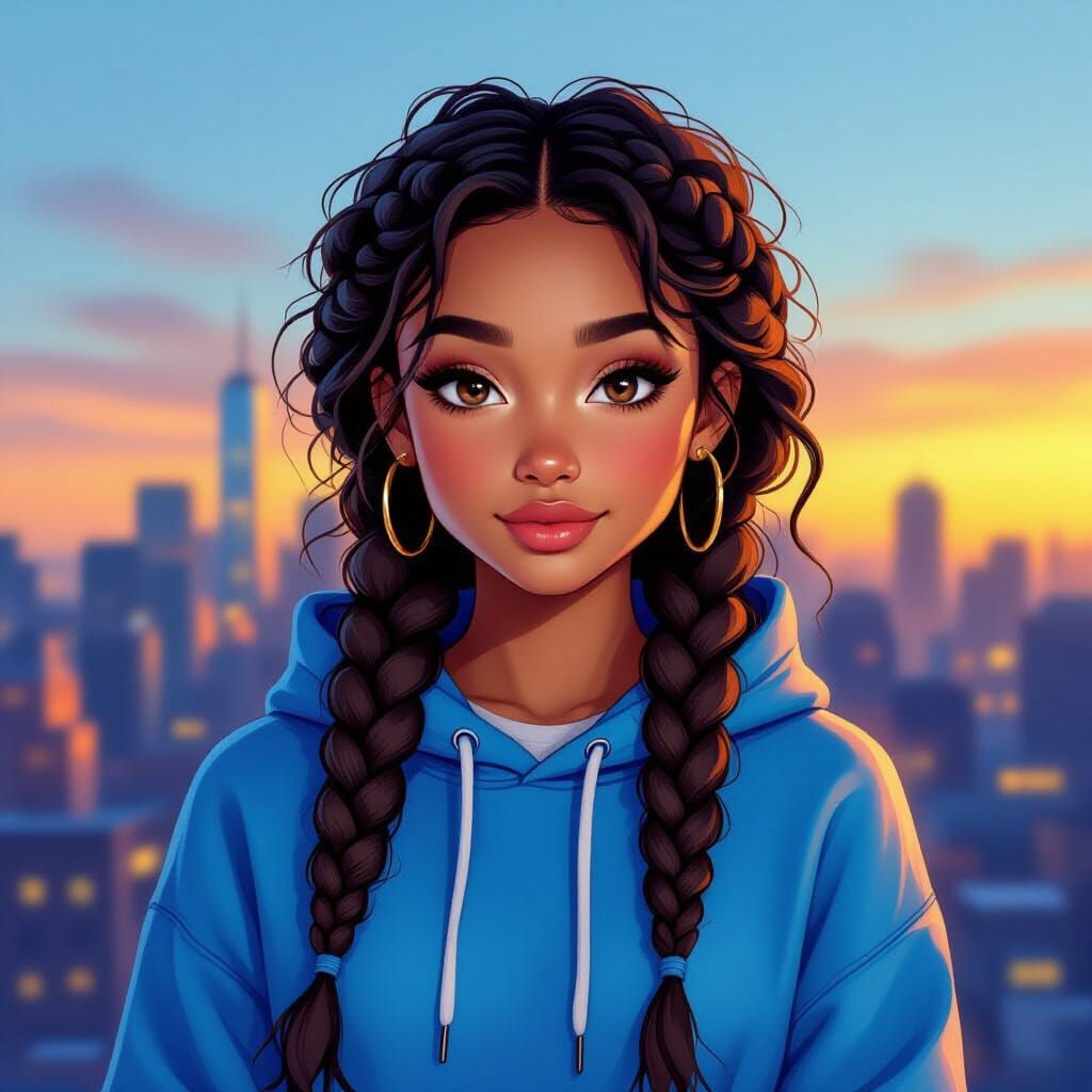 Woman with Bubble Braids in Blue Hoodie at Golden Hour