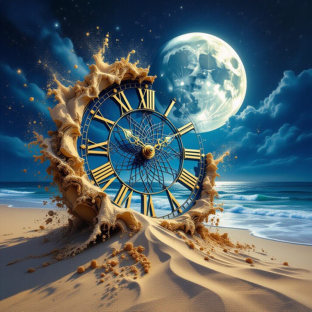 Fantasy Explosion with Moon and Clock in Fluid Art