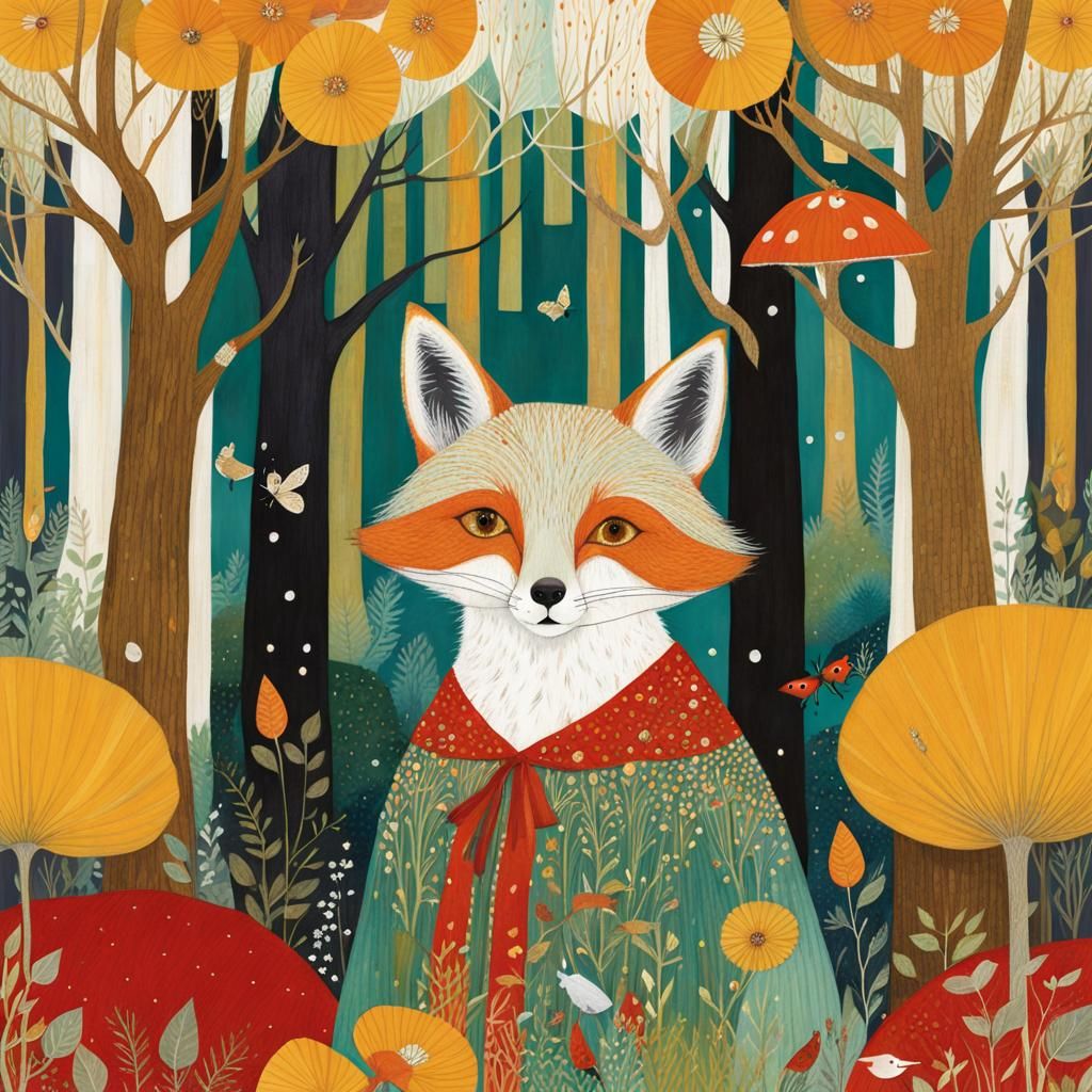 Fox in Summer Forest: Klimt-Inspired Mixed Media Collage