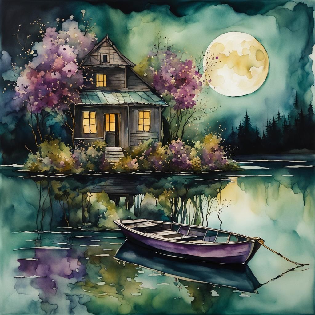 Moody Watercolor House on Island with Moon