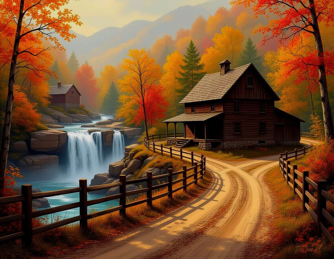 Rustic Woodland Cabin and Barn in Autumn Mountains