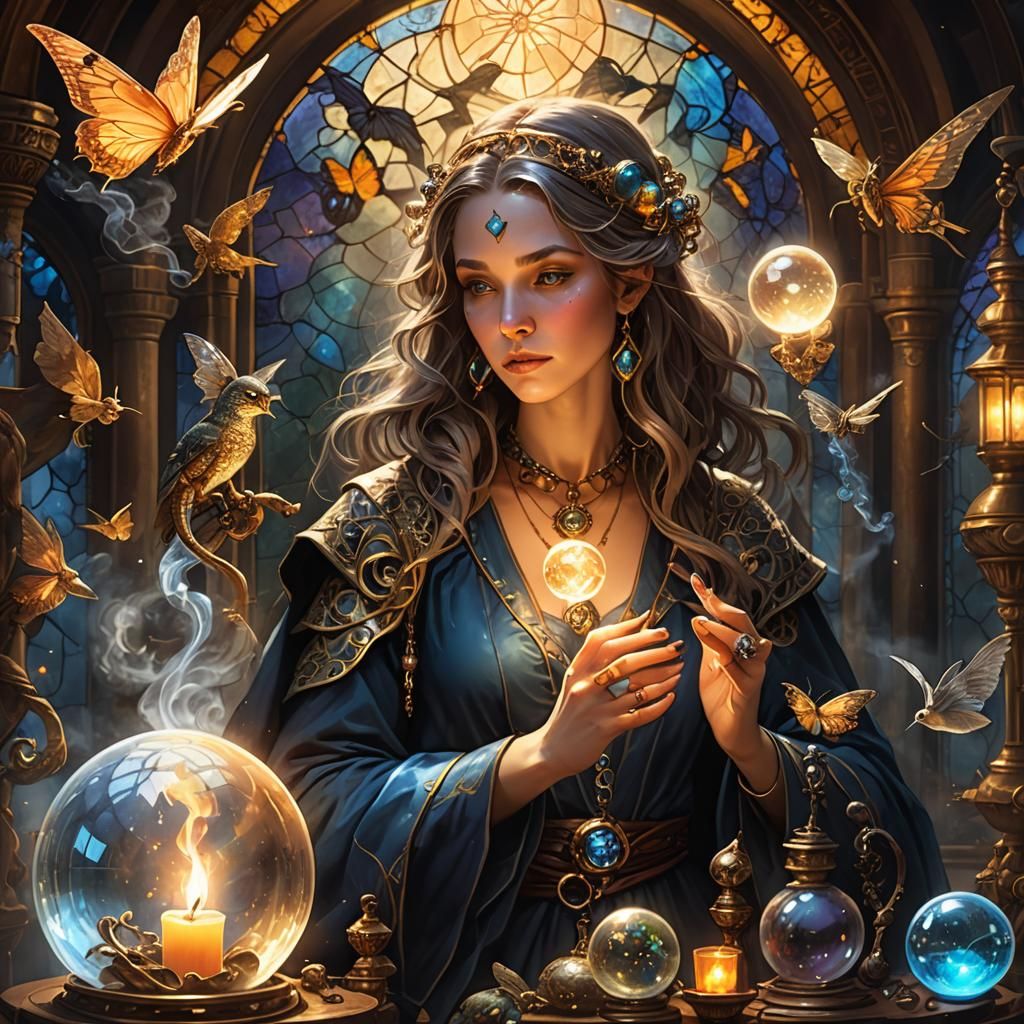 Mystical Wizard in Stained Glass Chamber