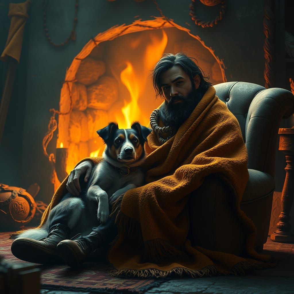 Cozy Gentleman and Canine Companion by the Fireplace