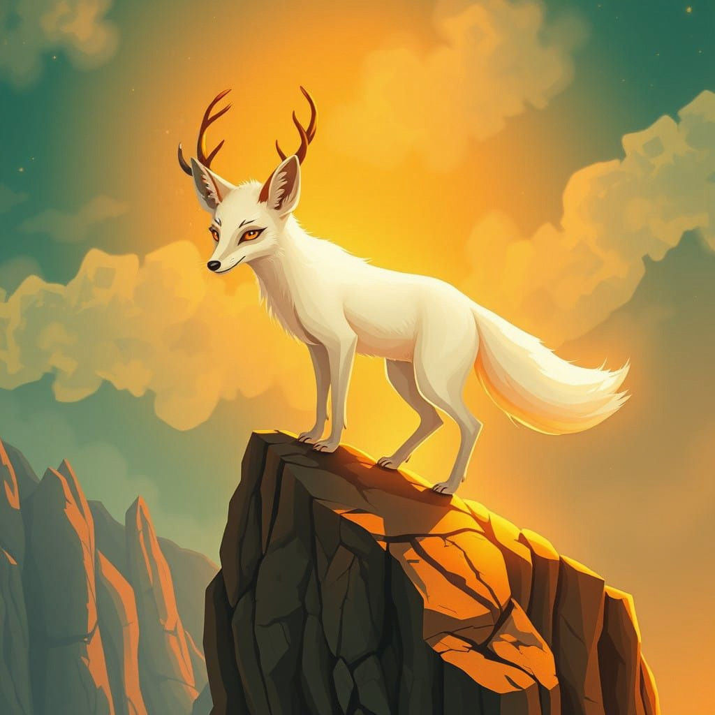 Cyberpunk-Style Fox with Deer Antlers Roars from a Cliff