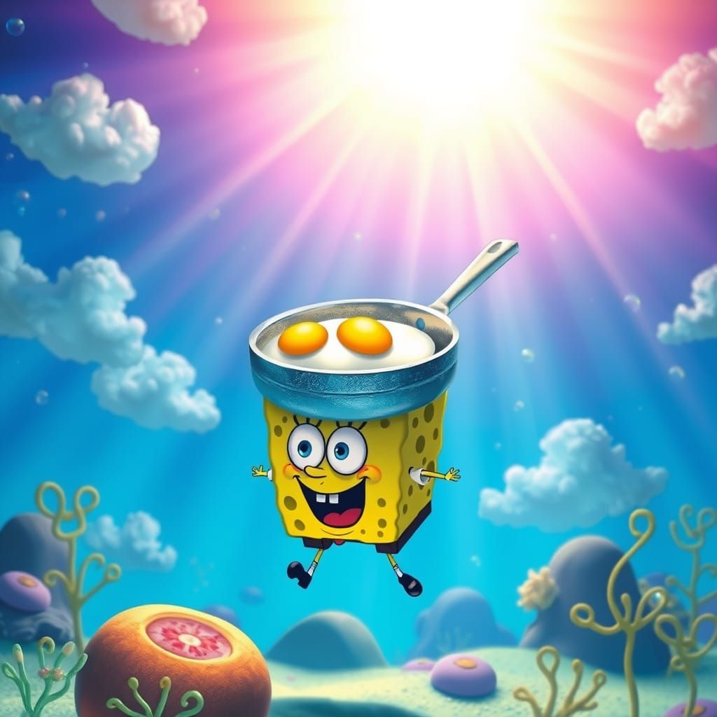 Surreal Underwater Character with Egg Pan Head in Vibrant St...