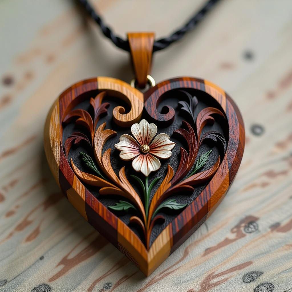 Gothic Heart Pendant Carved in Wood, Pre-Raphaelite Style