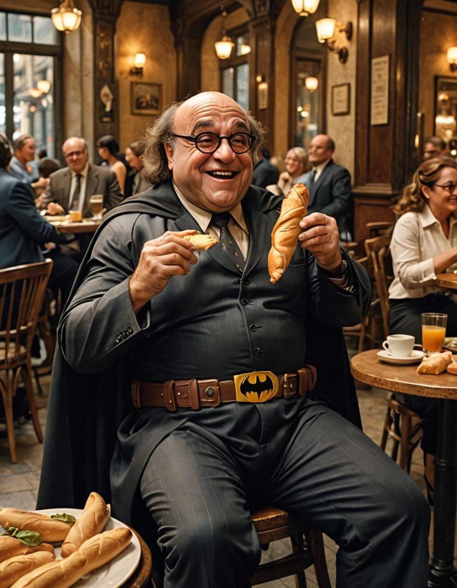 Danny Devito as Batman Eating a Baguette