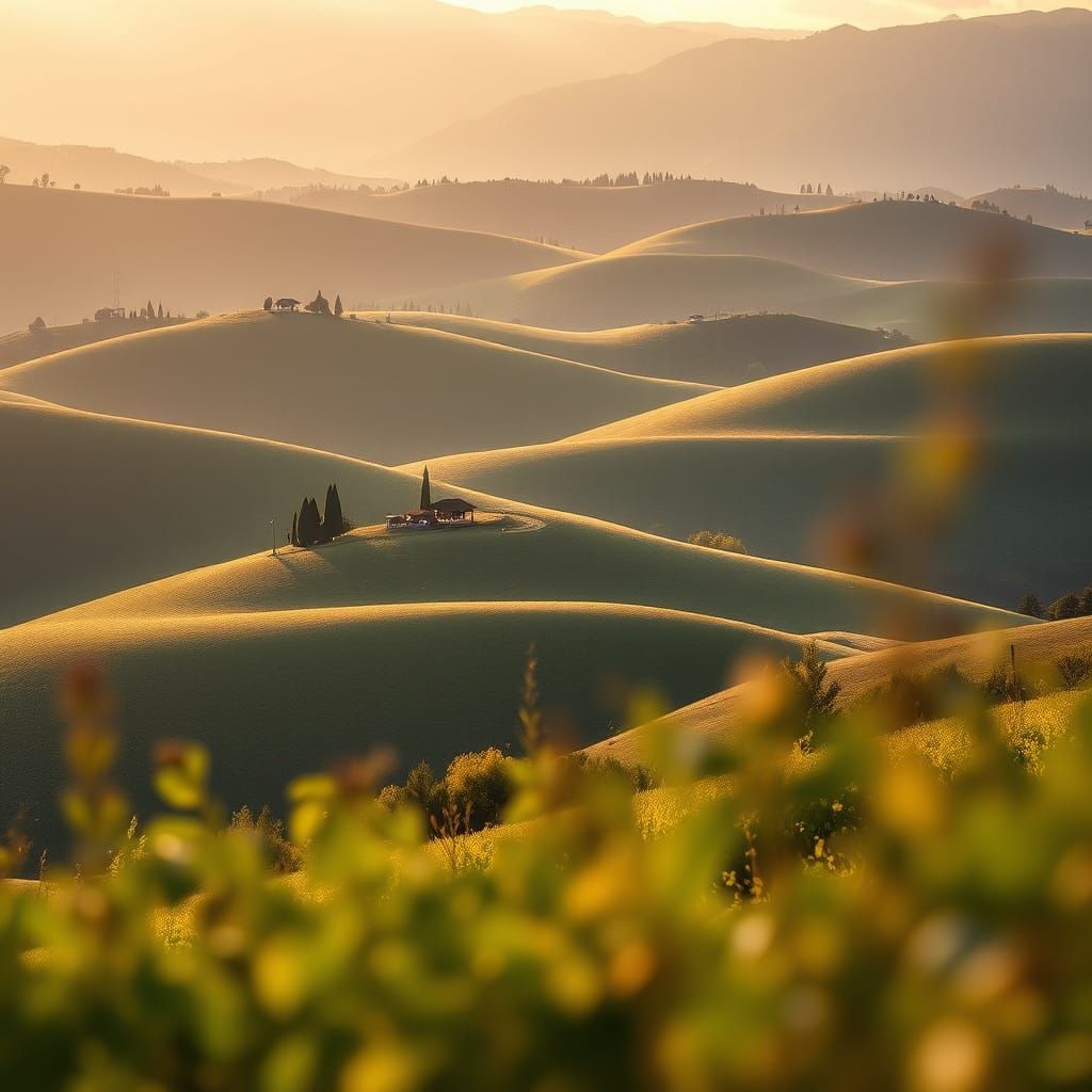 Surreal Landscape with Rolling Hills and Golden Hour Light