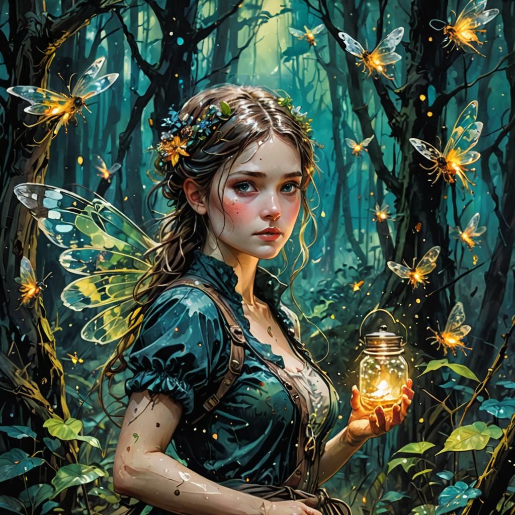 Fairy of Fireflies in Fantasy Forest: Mixed Media Art