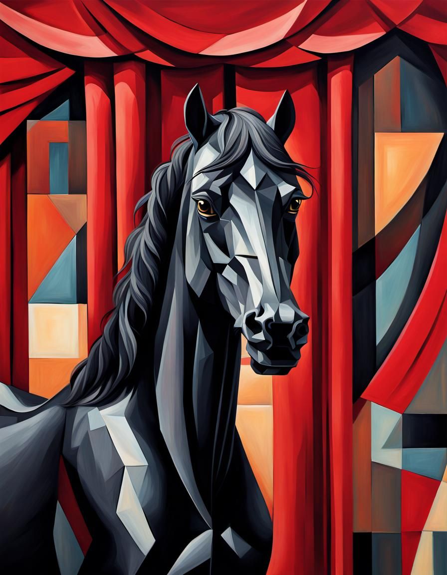 Stylized Cubist Black Horse on Theater Stage