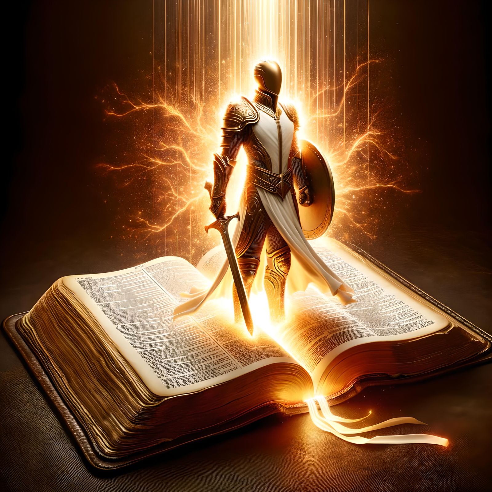 Armored Figure Emerges from Bible in Light