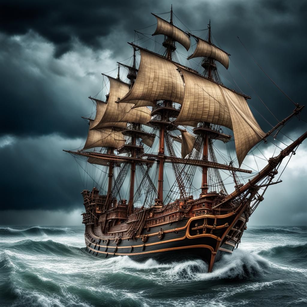 Hyperrealistic Pirate Ship in Stormy Seas