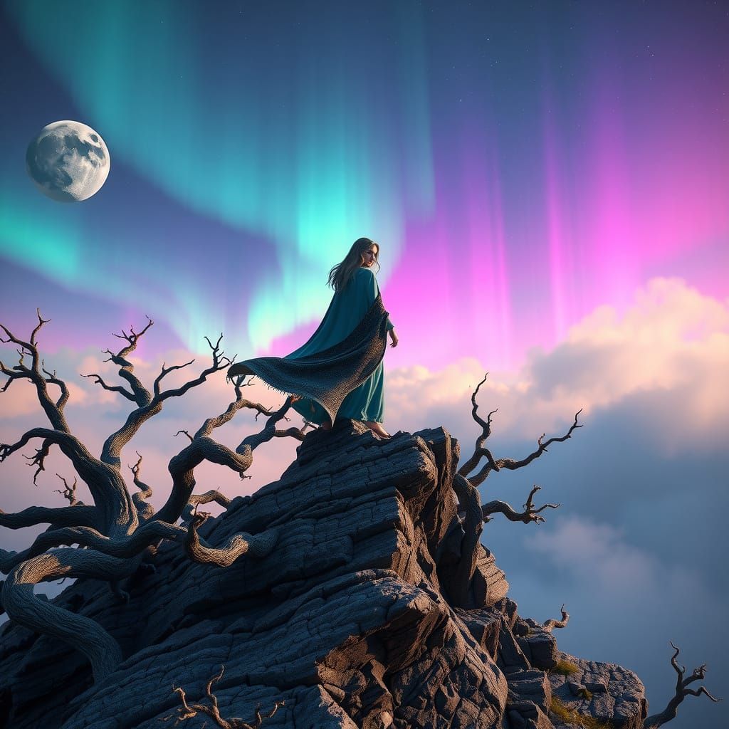 Mystical Woman on Cliff with Aurora, 3D Game Graphics