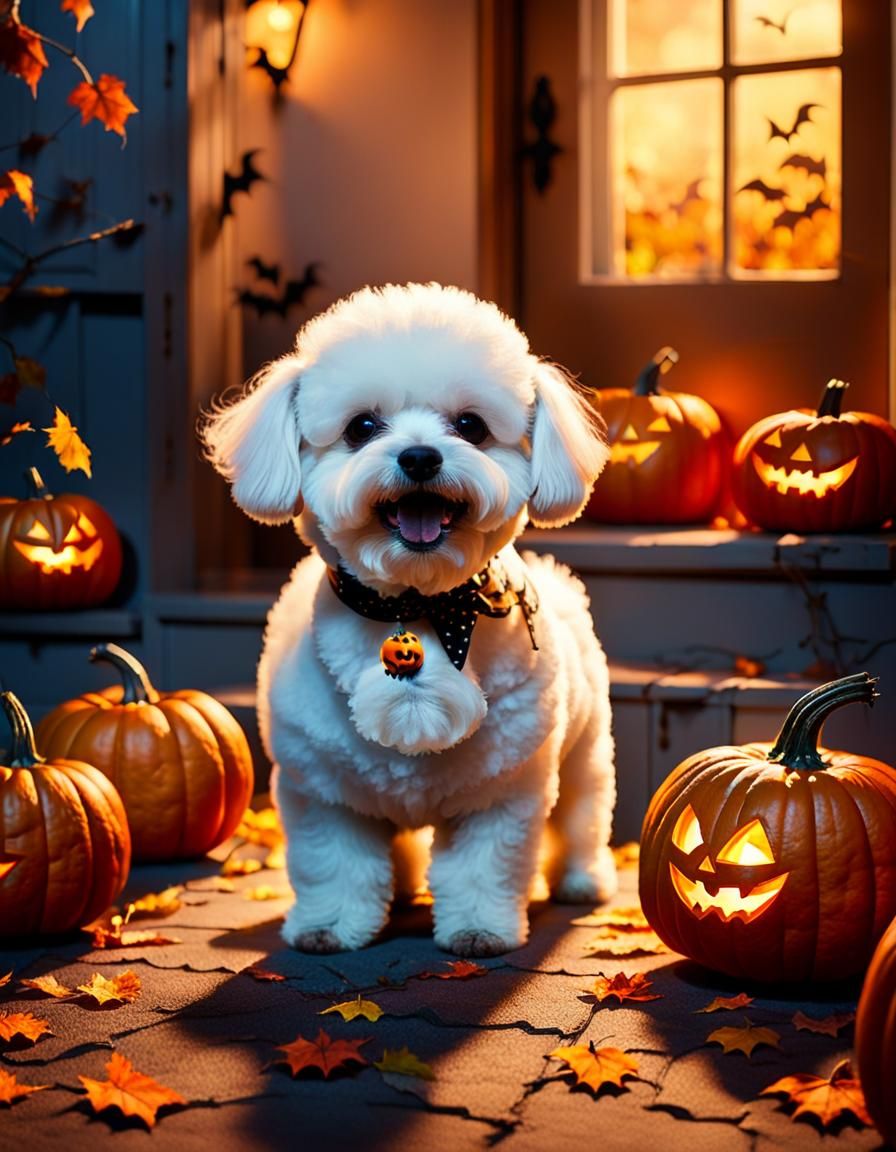 Whimsical Bichon Frise Halloween Scene in Autumn Colors