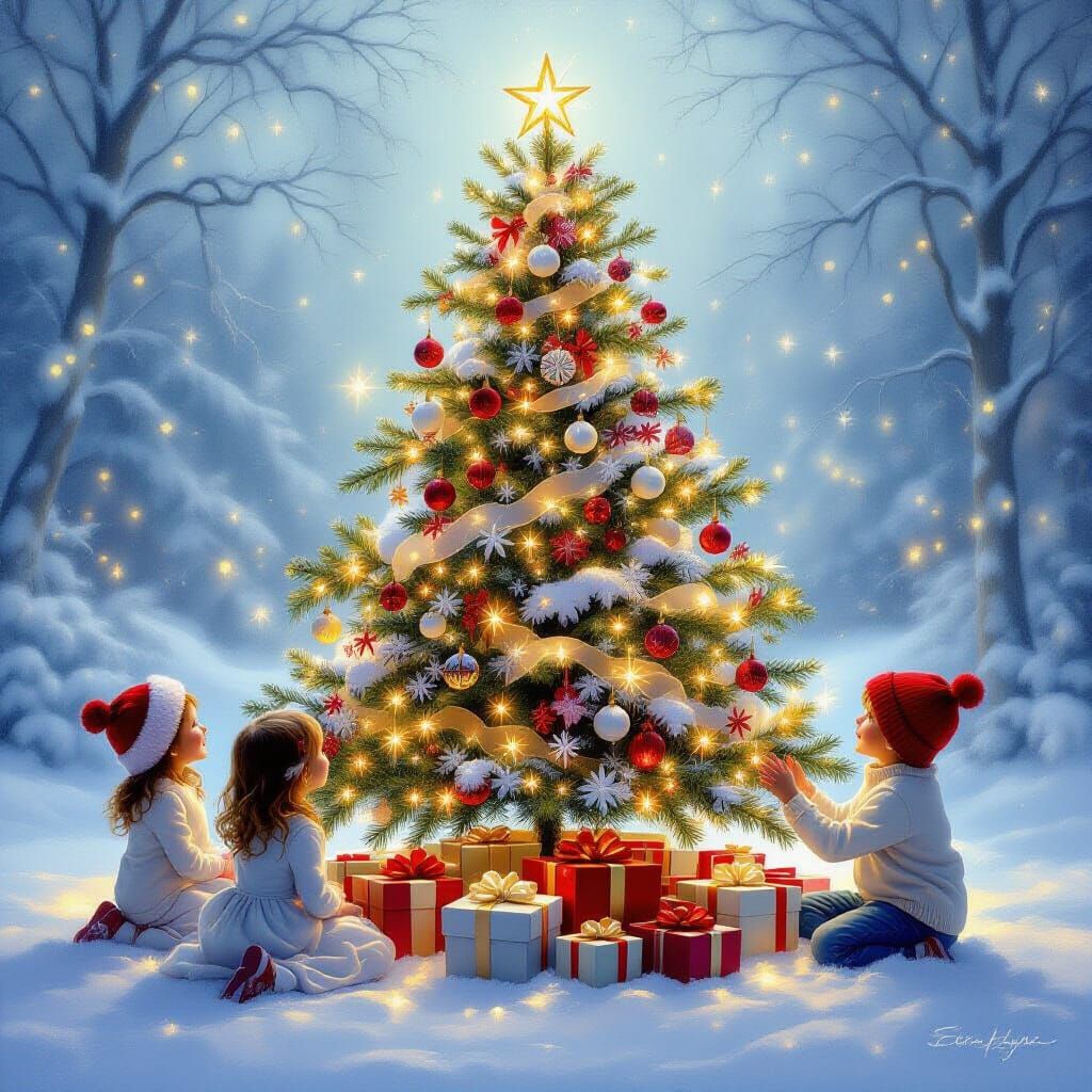 Beautiful Christmas Tree and Children in Ethereal Fantasy St...