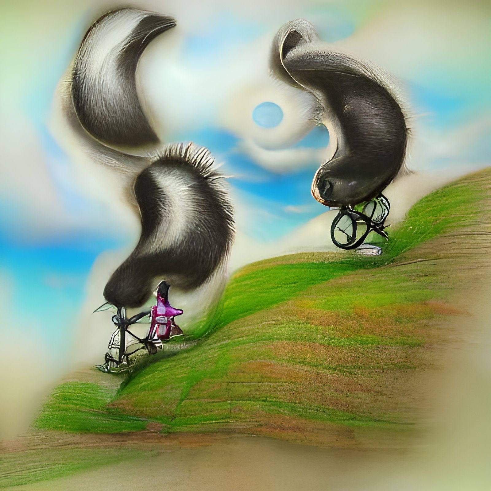 Skunks riding a bicycle built for two down a hill illustration pencil drawing in the style of Iwona Chmielewska whimsica...