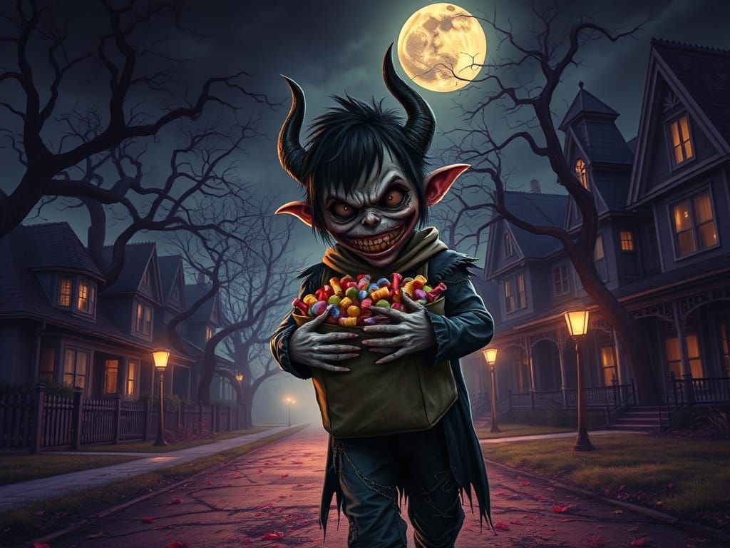 Dark Fantasy Trick-or-Treater in a Haunting Suburban Landsca...