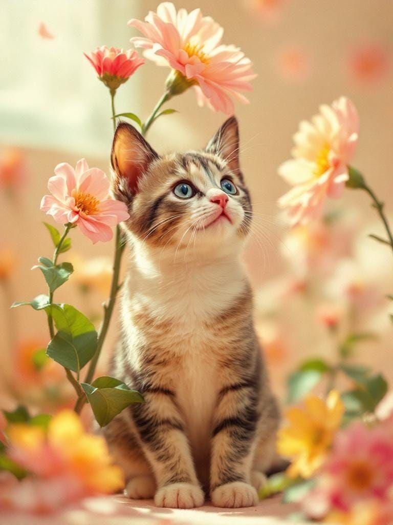 Cat Under Flower in Pop Surrealist Style