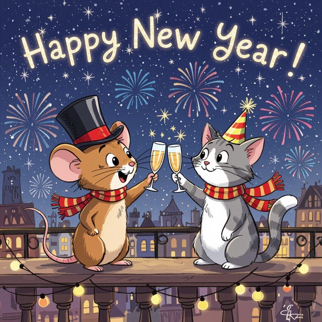 Whimsical New Year's Toast: Mouse and Cat Celebrate