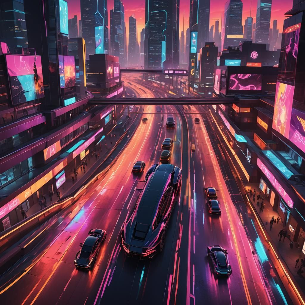 Neon Noir Luxury Car Race in Futuristic City