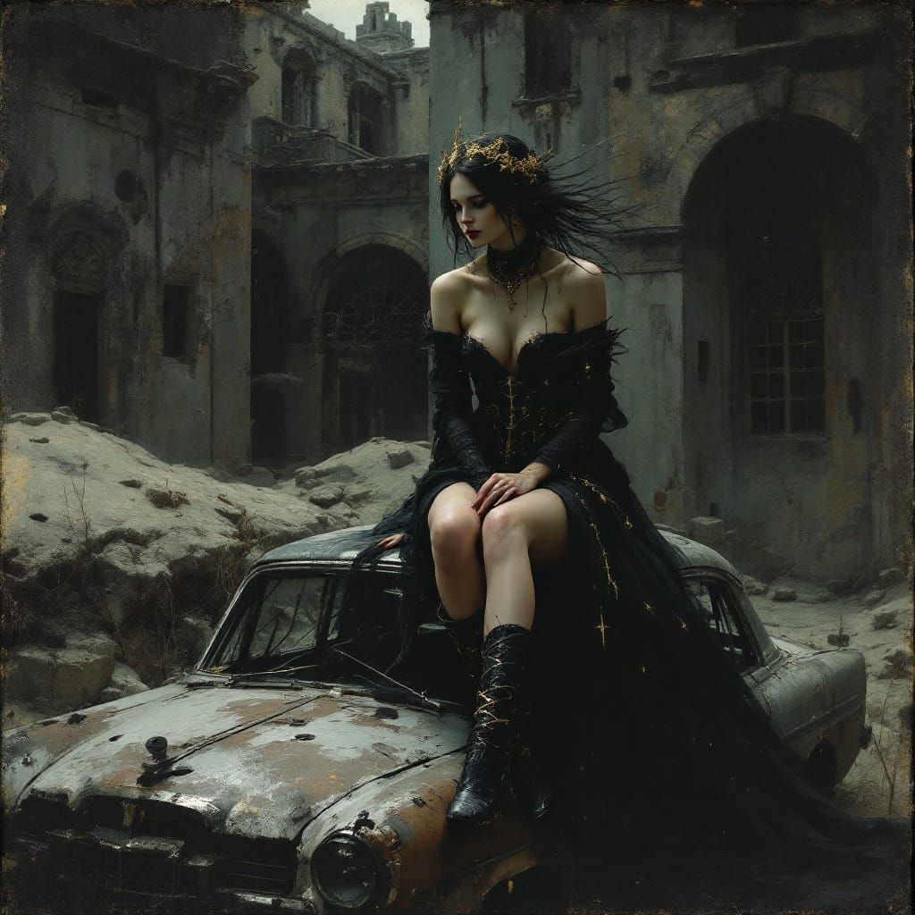 Ethereal Girl Amidst Ruins in Dark Fantasy Oil Painting