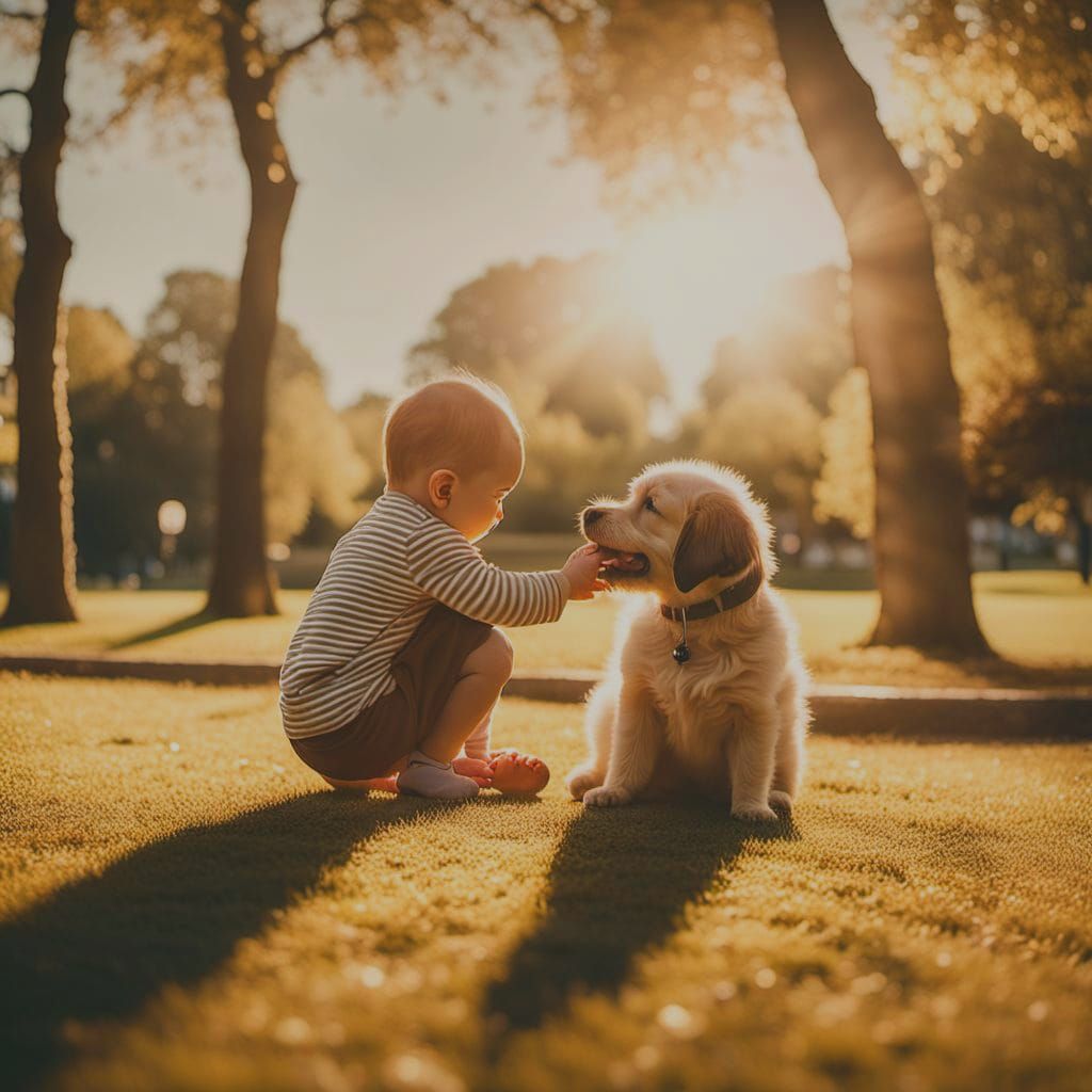Baby and Puppy Play in the Park, Warm Golden Hour Tones