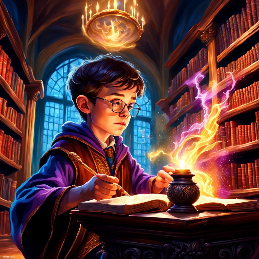 Young Wizard Practicing Spells in Magical Library