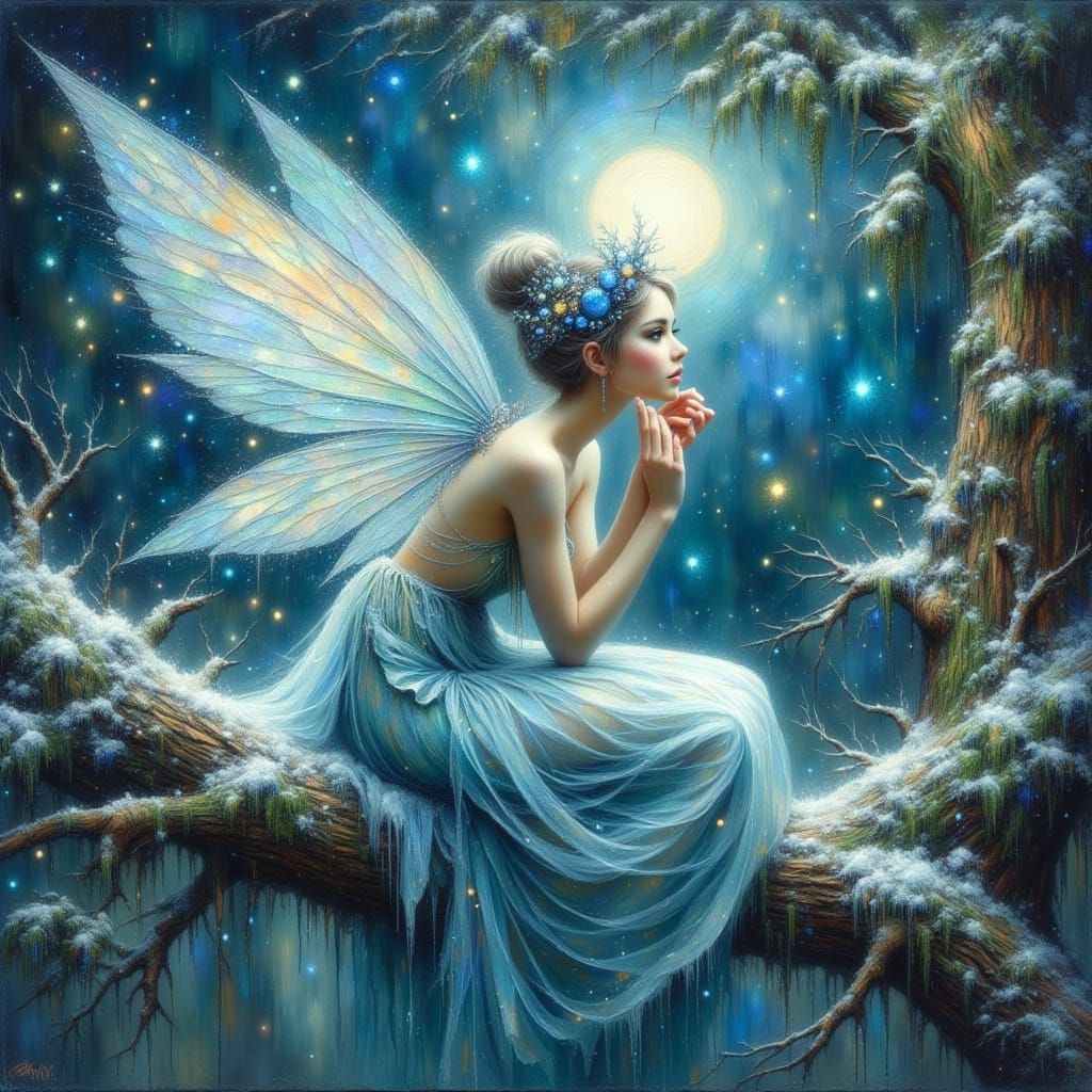 Ethereal Winter Fae in Moonlit Forest