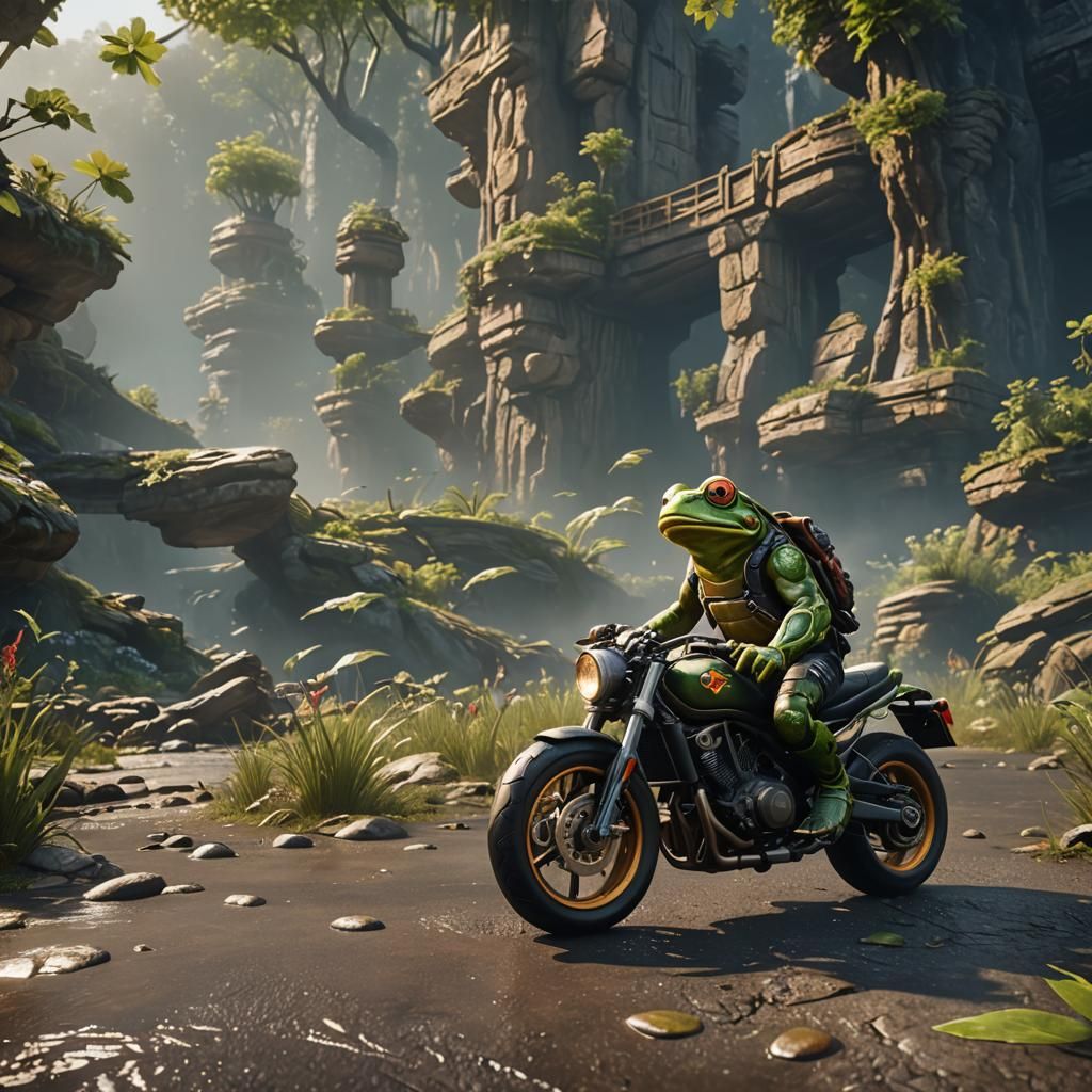 Biker Frog in 3D Cinematic Style