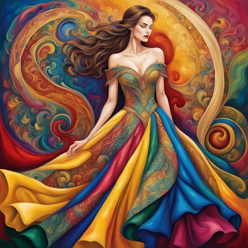 Elegant Woman in Flowing Colorful Abstract Gown