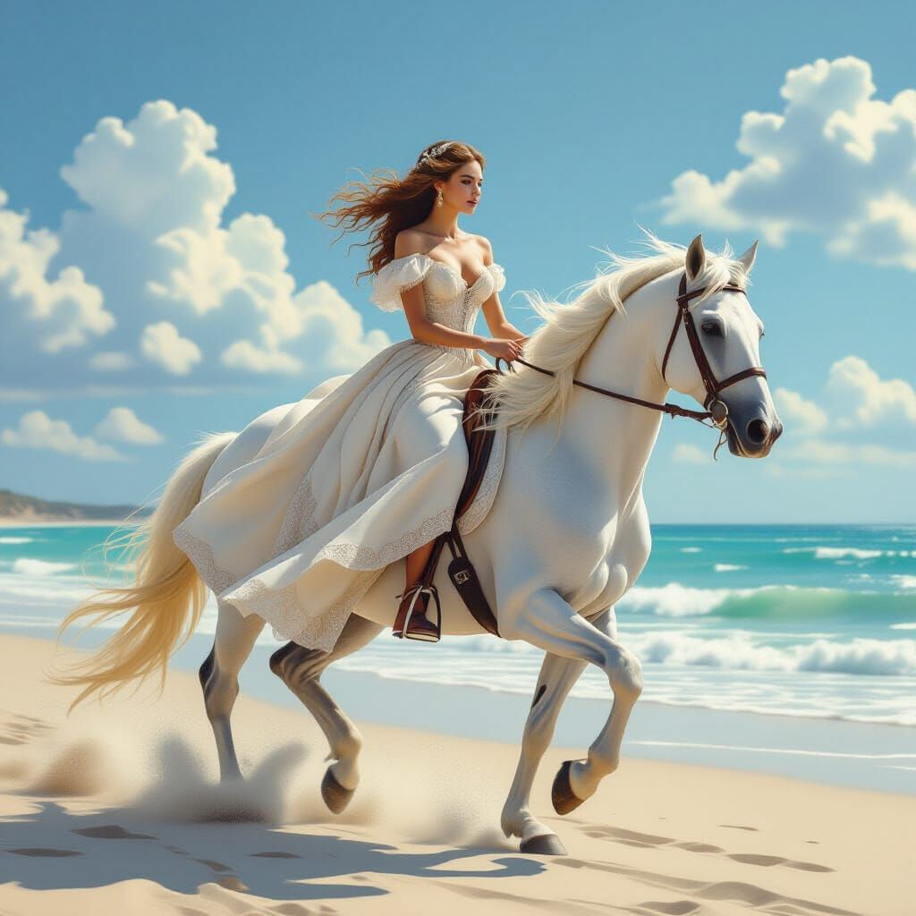 Woman on White Horse Galloping on Beach