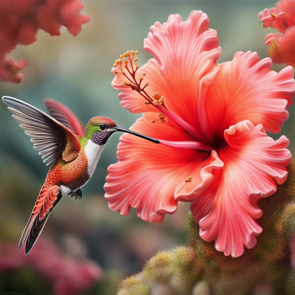 Hummingbird in Soft Coral Landscape: 3D Render