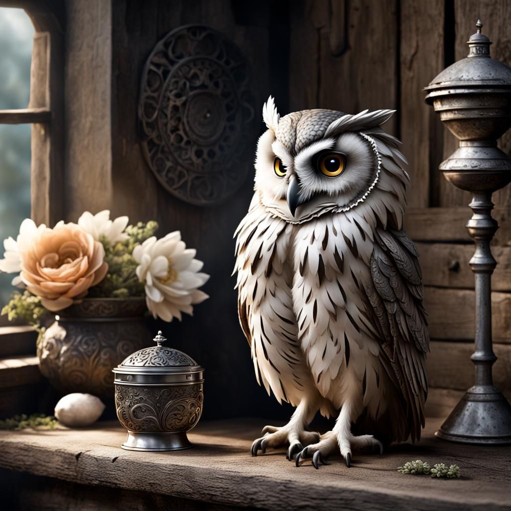 Cute Baby Owl in Tincup: Hyperdetailed CGI Render