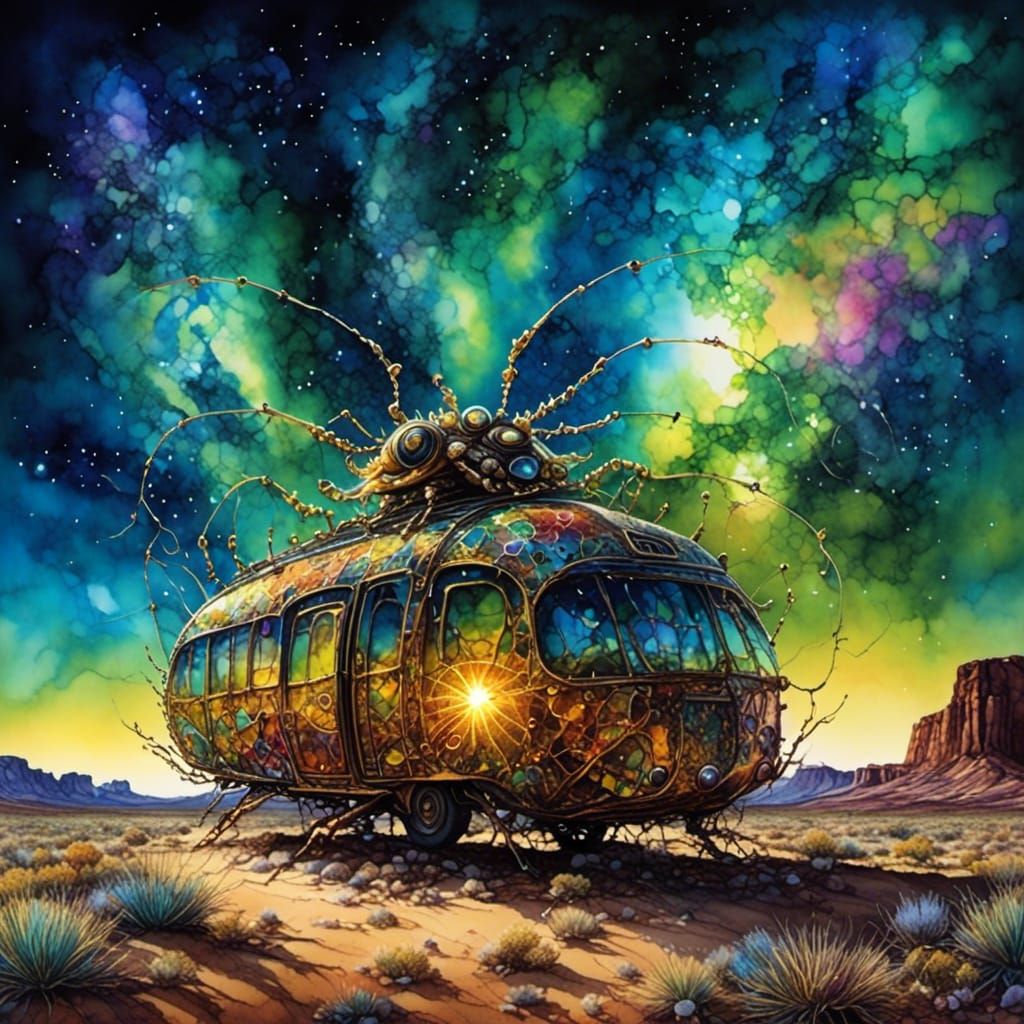 <lora:Little Whimsy:1.0> <lora:PR Alcohol WC Glass:1.0> Alcohol ink of a gigantic lightning bug whose light guides a car...