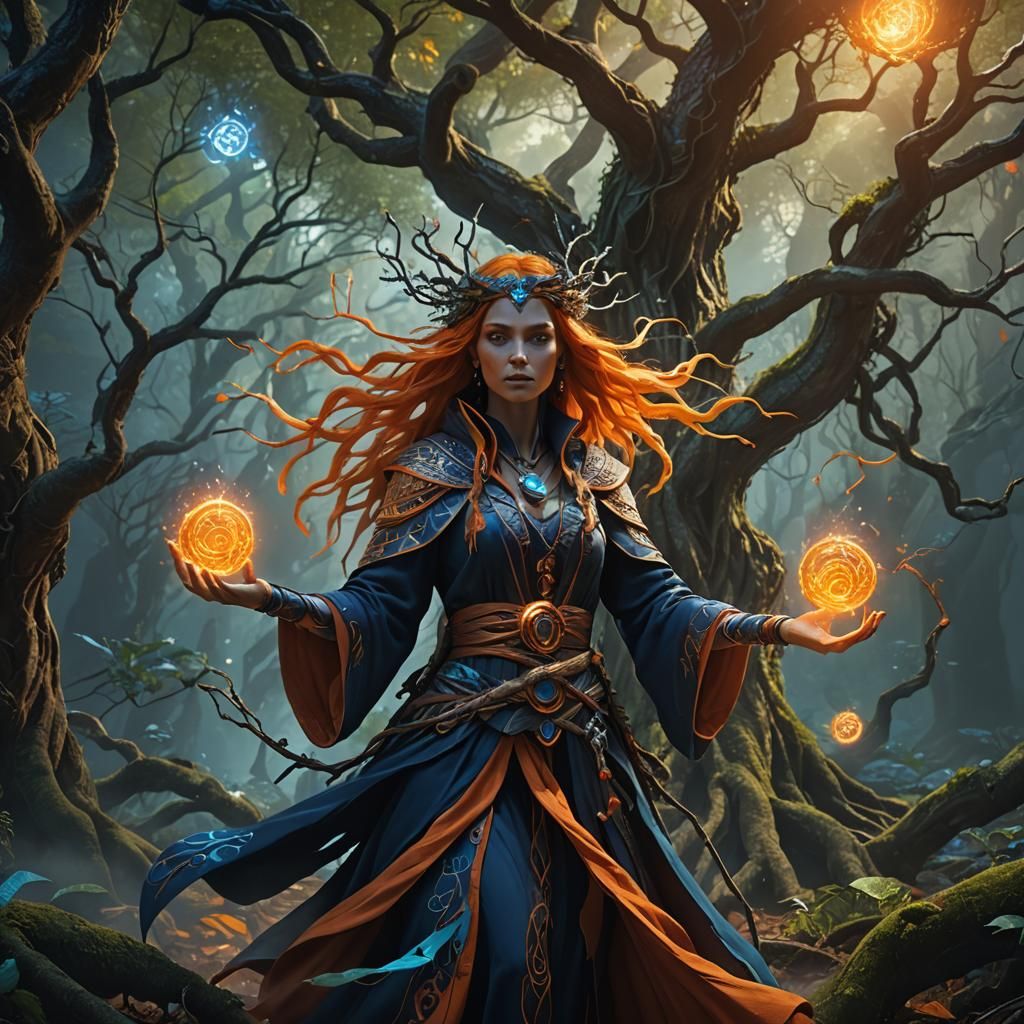 Mystical Sorceress Channels Magic in Ancient Forest