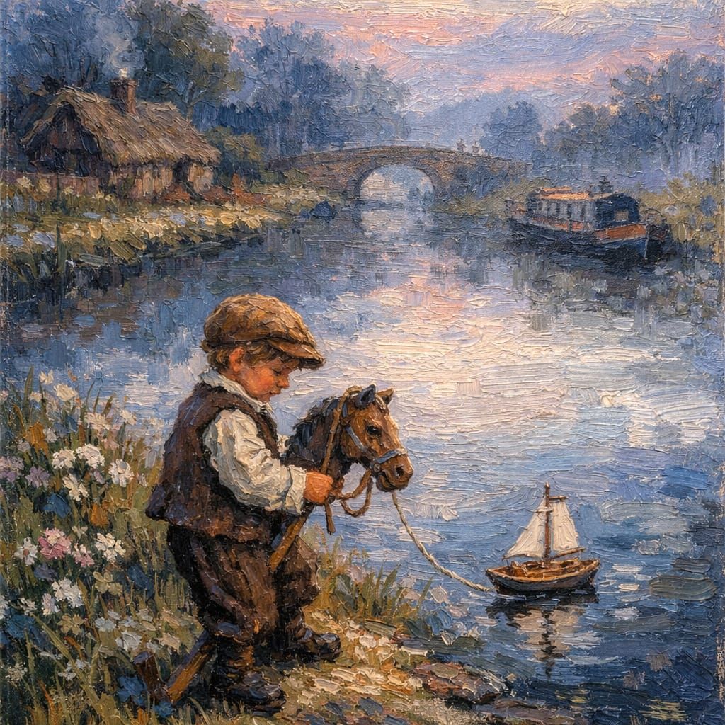 Child's Nostalgic Canal Scene in Romantic Countryside