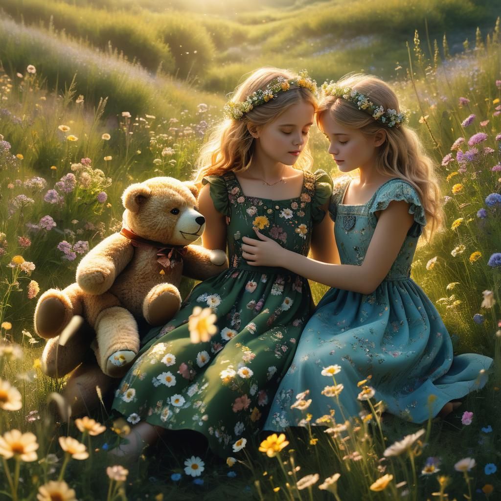 Girls Playing with Teddy Bears in Sunlit Meadow