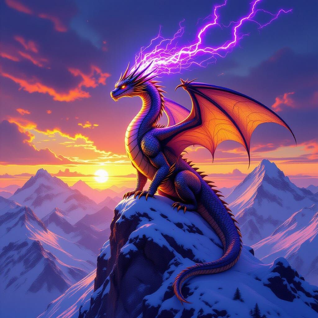 Majestic Purple Dragon on Snowy Peak at Sunset